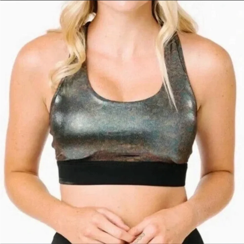 ZYIA Gunmetal Disco Ball Oil Slick‎ Luxe Sports Bra Metallic Silver